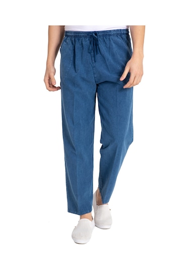 Erkek Ham Bez Lastikli Yüksek Bel Rahat Kalıp %100 Natural Pamuk Eşofman Alt Pantolon Alt Giyim 2188-Mavi