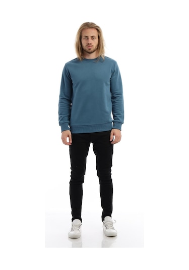 Erkek Bisiklet Yaka 3 İplik Sweat Mavi