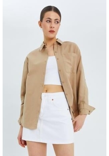 9942 Kadın Oxford Uzun Kol Basic Gömlek Bisküvi Bisküvi