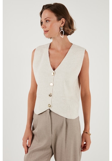 Lela Standart Fit V Yaka Düğmeli Triko Bayan Yelek 4616177 Taş