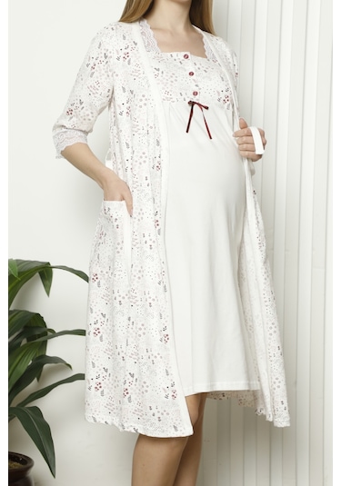 Hamile Sabahlık Tunik Gecelik İkili Takım Likralı Beyaz