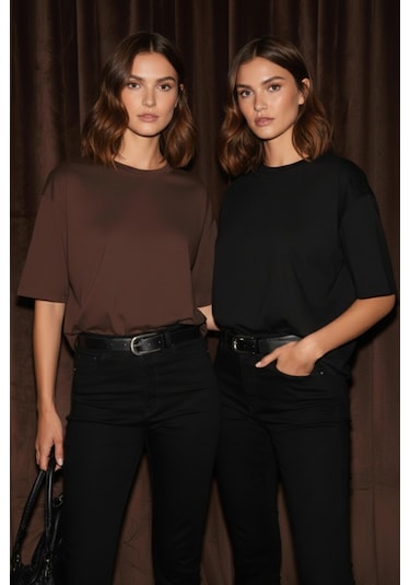 Soft&Basic Kadın 2'li %100 Organik Pamuk Oversize Fit Basic Yuvarlak Yaka T-shirt Siyah-kahverengi