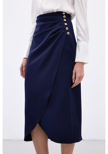 Sateen Düğme Detaylı Kalem Etek - Lacivert-136779 Lacivert