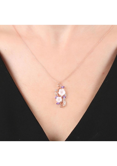 Mia vento Ametist Taşlı Manolya Çiçeği Sevgi Bahçesi Rose Flowers Gümüş Kolye