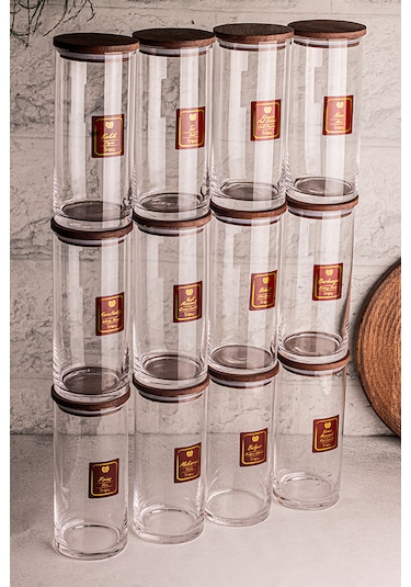 Snippy Story - 12'li Etiketli Cam Jumbo Saklama Kabı Baharatlık Ahşap - Şeffaf