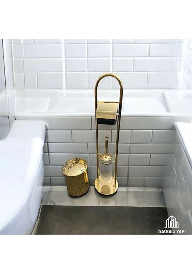 İsaoğlu Yapı Gold Kova Banyo Seti Klozet Fırçası Tuvalet Kağıtlığı Komple Pirinç Set Gold Banyo Gold Altın