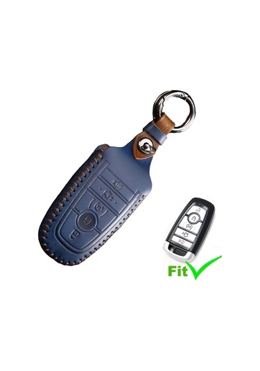 Maiyame Ford Fusion, Explorer, F-150 Raptor Ve Diğer Modeller İçin 5 Tuşlu Akıllı Anahtar Koruması - Crazy Horse Deri, 360 Tam Kaplama, Mavi