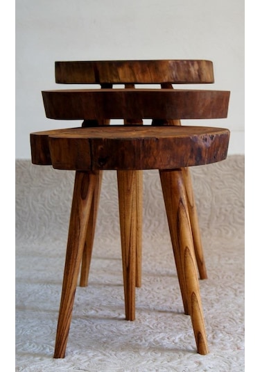 Doğal Ağaç Masif Dekoratif 3 Lü Zigon Sehpa Ağaç Ayak