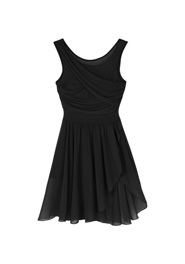 Kadın Retro V Yaka Şifon Etek Bale Leotard Asimetrik Elbise - Siyah