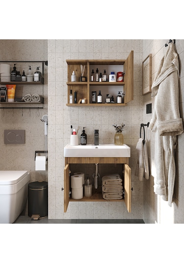 Lavabolu Mat Suntalam 60 Cm Banyo Dolabı + Aynalı Üst Dolabı Atlantik Çam
