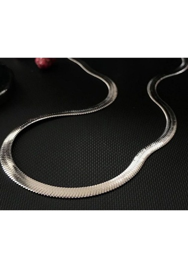 İtalyan Zincir Kolye Yassı Balıksırtı Model Kararmaz Çelik Kolye Gümüş 42+5 Cm Silver