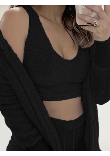 Modaserdem Kadın Uzun Kollu Ceket, Askılı Peluş Bluz Ve Şort Üçlü Takım Siyah