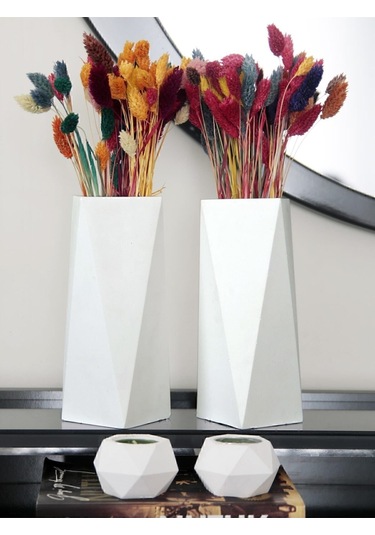 Geometrik Uzun Vazo 20 Cm Ve Geometrik Tealight Mumluk Set 4 Parça Ham Beyaz Beyaz