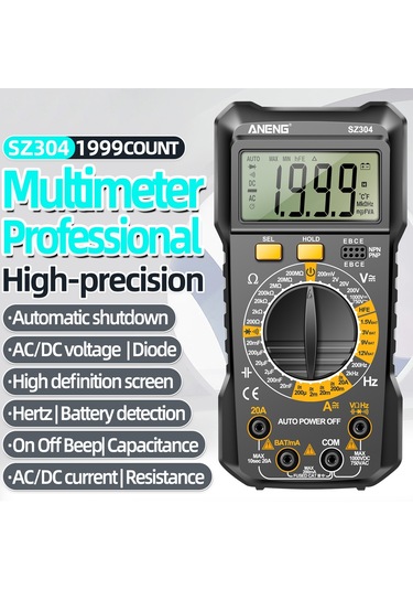 Aneng Sz304 Yüksek Hassasiyetli Dijital Ekran Ölçer Standlı Profesyonel Taşınabilir Multimetre - Siyah