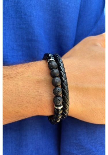 Siyah Taşlı El İşçiliği İle Üretilmiş Hakiki Deri Erkek Bileklik Siyah - Beyaz