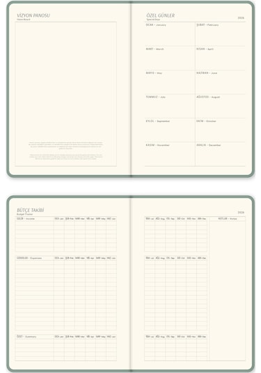 2026 A5 Keten Haftalık Ajanda 12 Aylık Yeşil Yeşil