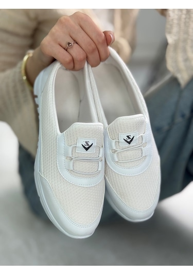Günlük Kadın Spor Ayakkabı Lastik Bağcık Fileli Hava Alabilen Rahat Kaymaz Taban Sneaker 3005 Beyaz