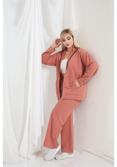 Kadın Büyük Beden Fermuarlı Uzun Kollu Rahat Günlük Eşofman Takım Somon