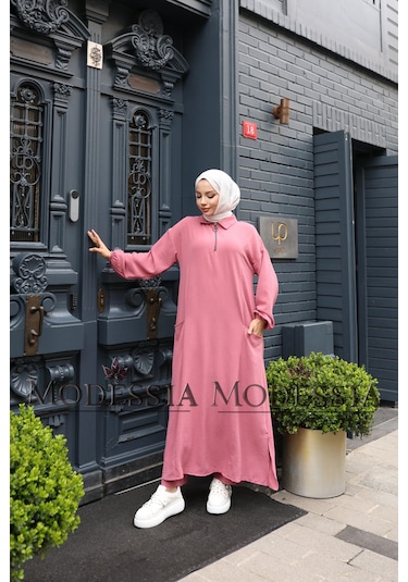 Kadın Pembe Aerobin Uzun Önü Yarım Fermuarlı İkili Takım T1221 Pembe