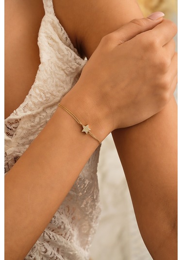 Sefa Gold 14 Ayar Altın Taşlı Yıldız Bileklik Sarı - Beyaz Altın