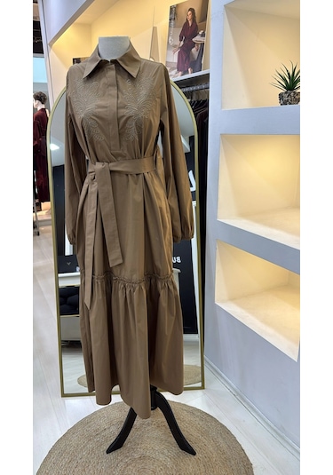 Nuss 2040 Desenli Elbise- Camel