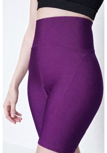 Soft&Basic Kadın Curve İnterlok Kumaş Yüksek Bel Büyük Beden Biker Kısa Şort Tayt Mor