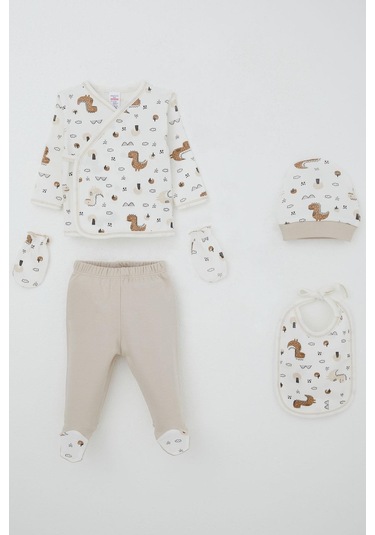 Breeze Erkek Bebek Hastane Çıkışı 5 Li Doğa Temalı Sevimli Minik Dinozor Desenli 0-3 Ay, Ekru Ekru