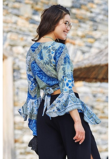 Los Banditos İspanyol Kol Crop Bluz Mavi Babil