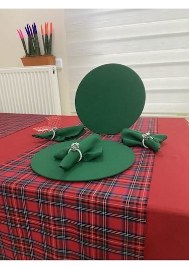 Kırmızı Masa Örtüsü ,ekose Runner , Yeşil Supla Seti , Peçete 4 Kişilik