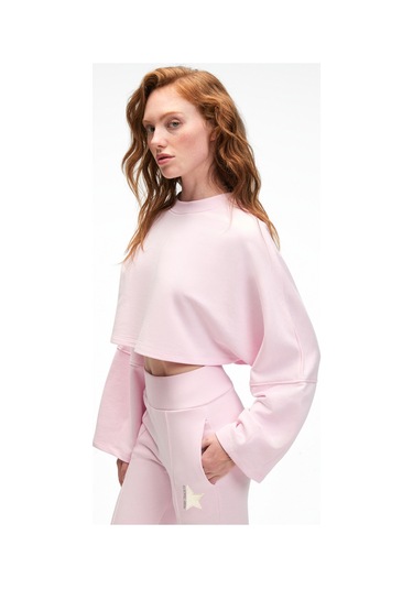 ANOUK Kadın Pamuklu Baskı Ve Patch Detaylı Bisiklet Yaka Crop Pembe Sweatshirt