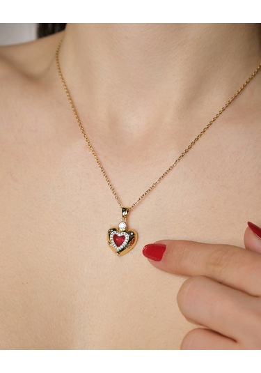 Lekka Design Kadın Kararmaz Çelik Takı Kırmızı Zirkon Taşlı Kalp Aşk Kolye Altın