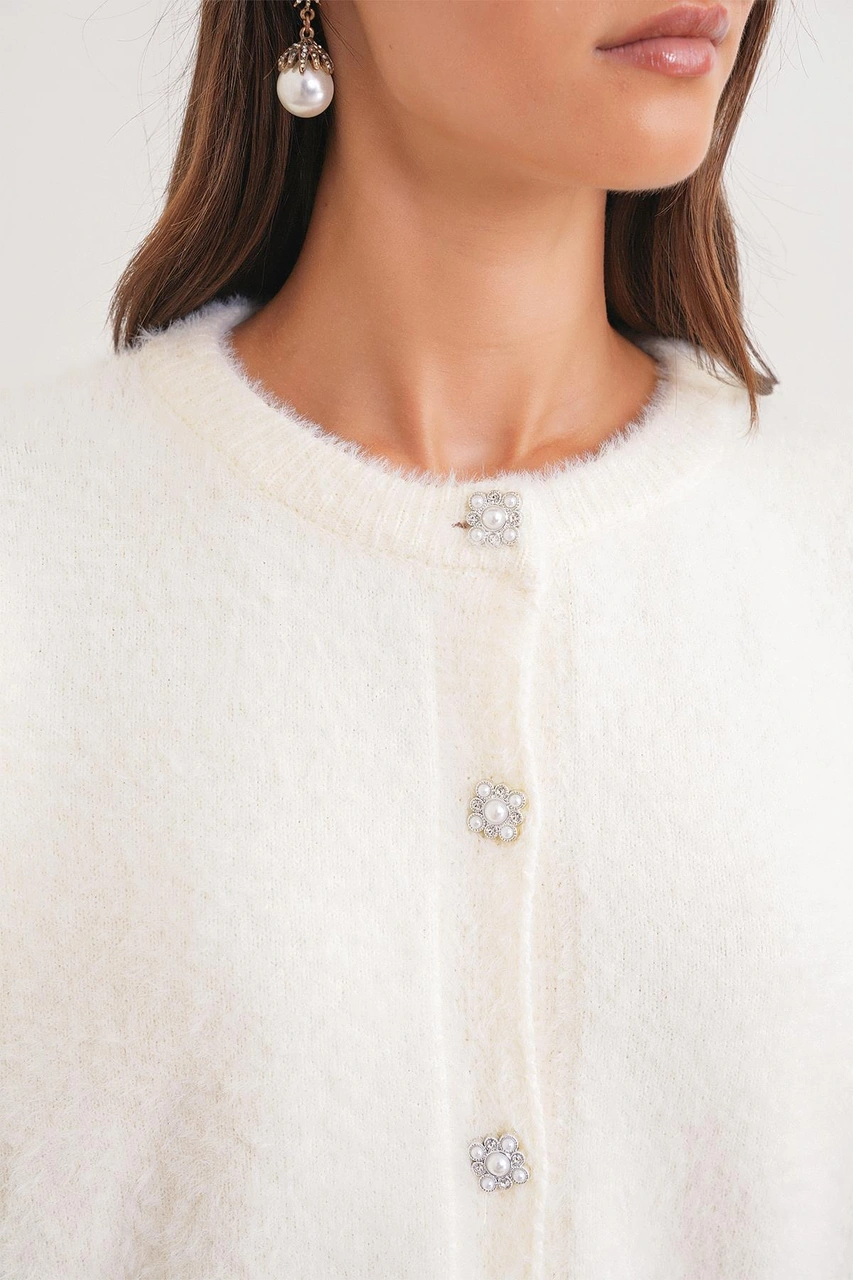 6902 Kadın Sakallı Basic Yumuşak Dokulu Triko Hırka Ekru Ekru