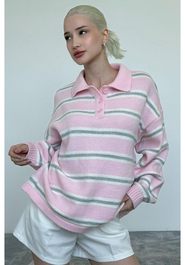 Pembe Polo Yaka Çizgili Kadın Triko Kazak Mg2469 Pembe