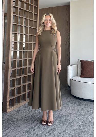 Haki Bel Kemer Detaylı Elbise Haki