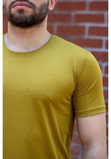 Erkek Koyu Sarı Basic Rahat İnce Petek Kumaş Spor Tshirt 22etshport 001