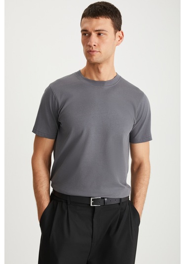 Mıchel Erkek Slim Fit Dar Kesim %100 Organik Pamuklu Yana Kayan Dikişli Basic Örme Koyu Gri T-shirt