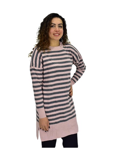 Kadın Çizgili Oversize Kazak Bgl-st04083 Pudra