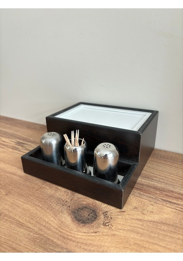 Mimoza Baharatlık Bölmeli Ahşap Masaüstü Peçetelik 6 Adet Restaurant Dispenser Venge Baharatlıklar Hariç