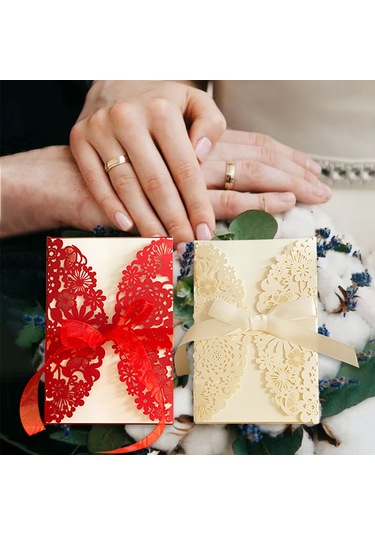 Shineyee 10 Adet Kırmızı Gergi Askılı Nikah Davetiyesi - Boş İç Kart, Zarf Ve Kutu İle Romantik Parti Daveti Kartları