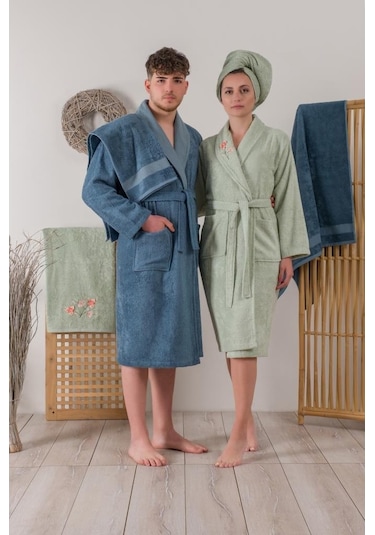 Cotton Box Bambu 3D Nakışlı Aile Bornoz Seti Alvin Yeşil-Mavi