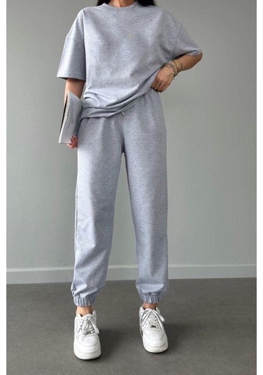 Basic T-shirt Eşofman Altı Gri Düz Alt Üst Eşofman Takımı Oversize Bisiklet Yaka Gri