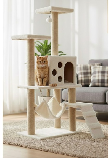 Missidea B10 Hamaklı Yuvalı Lüx Kedi Tırmalama Evi Beyaz