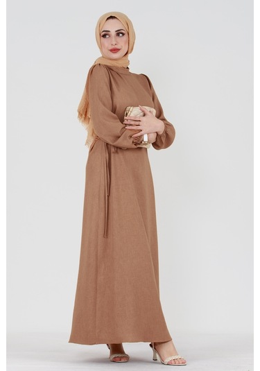 Yanı Bağcıklı Keten Elbise-vizon-3363-vizon Vizon