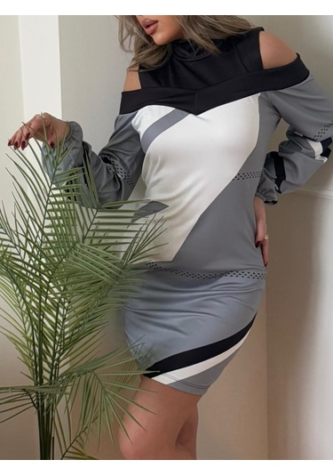 Nnstartshopping Kadın Uzun Kollu Omuzları Açık Uzun Kollu Balıkçı Yaka Desenli Şardonlu Dalgıç Kısa Elbise Çok Renkli