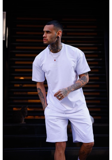 Beyaz Renk Bisiklet Yaka Şort Tişört Takım-1704 Beyaz