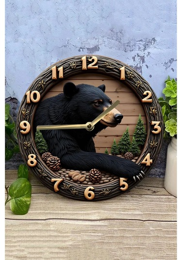 Sessiz Yuvarlak Ahşap Duvar Saati, Kuvars Ayı Desen 2d Sdw029 Renkli