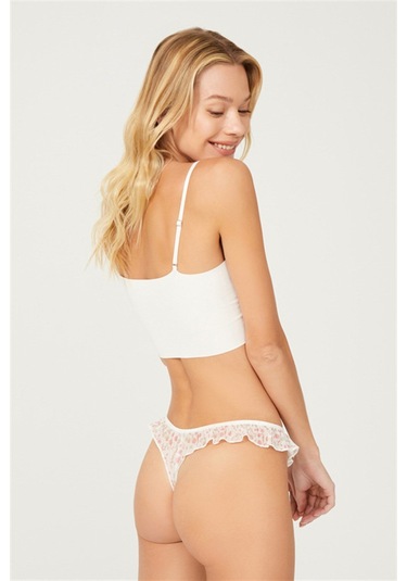 Krem Çiçek Desenli Tül Kenarları Fırfırlı Tanga Külot Krem