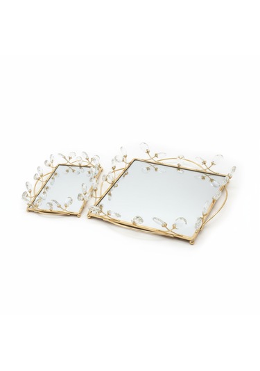 2 Li Gold Renk Aynalı Dekoratif Tepsi Seti Beyaz- BB030