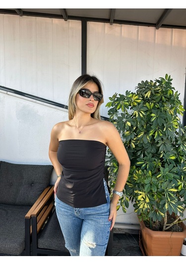 Yanı Yırtmaç Detaylı Straplez Bluz Siyah