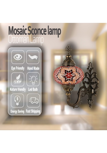 Mozaik Aplik Dekoratif Duvar Lambası Osmanlı Otantik Türk Lamba Kırmızı